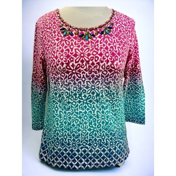 Ruby Rd petite quarter sleeve embellished collar spandex pullover tunic top PM - Picture 2 of 10